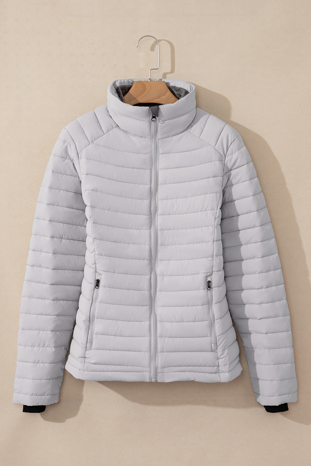 Silvery Solid Colour Quilted Zip-up Puffer Jacket Beagle Boutique Fashion Outlet