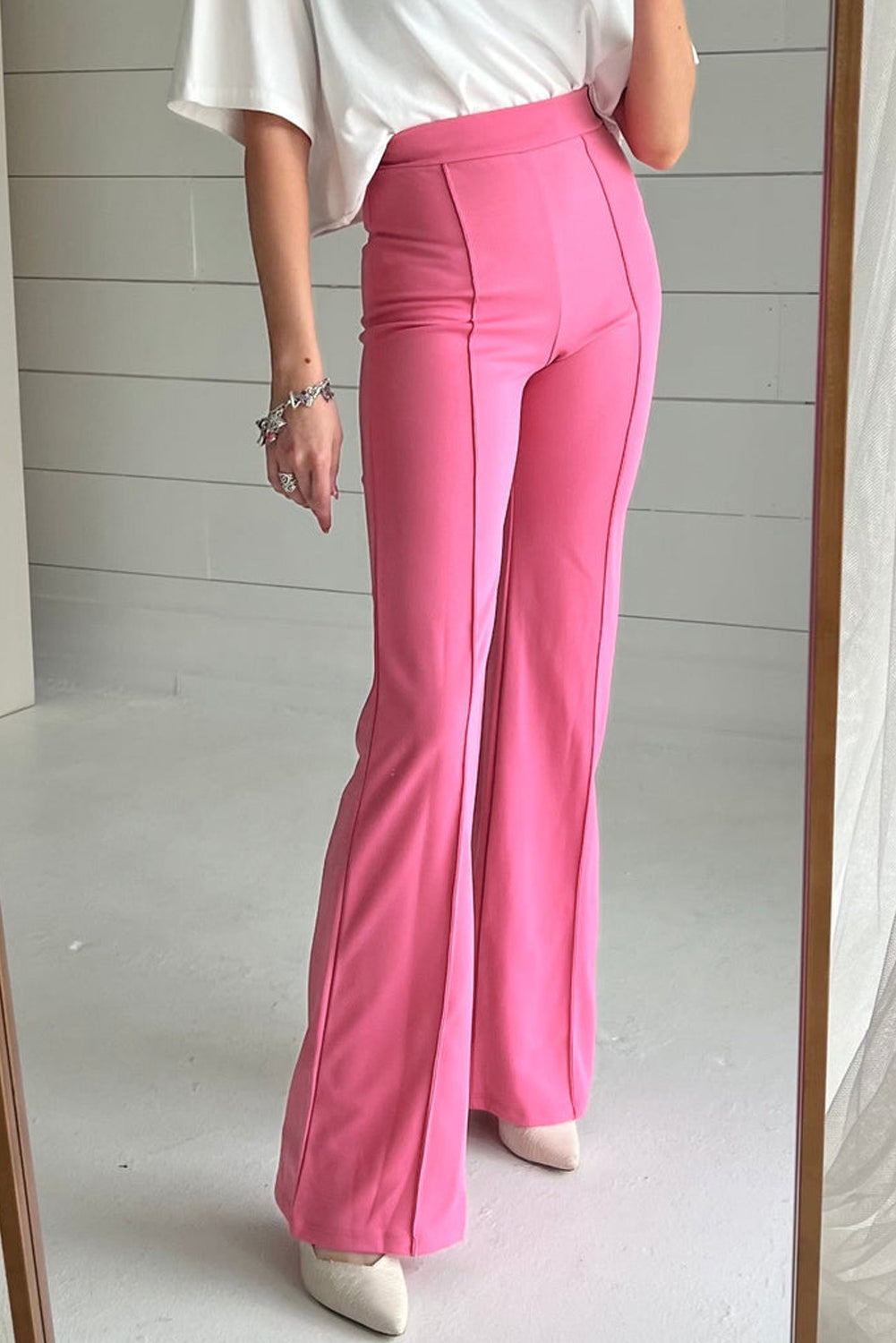 Sachet Pink High Waist Central Seam Flared Trousers Beagle Boutique Fashion Outlet