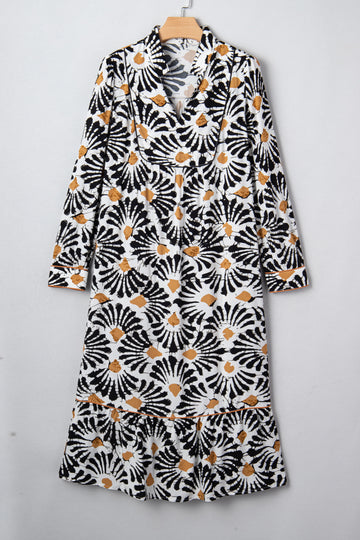 Abstract Floral Print Split V-Neck Long Dress with Sleeves