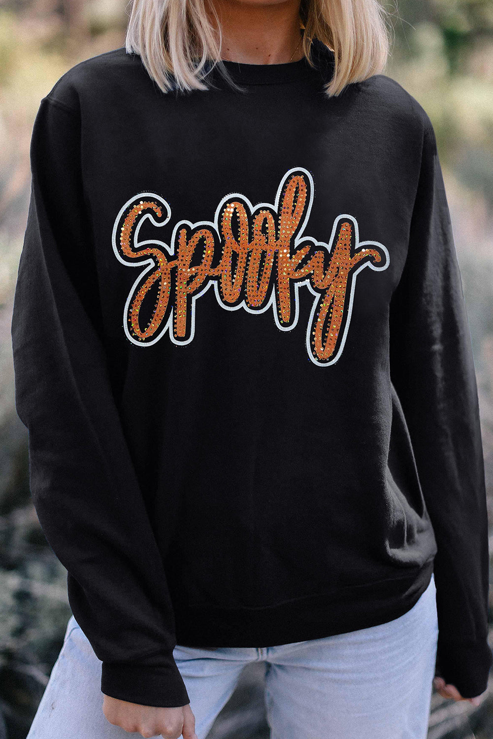 Spooky Rhinestone Drop Shoulder Graphic Sweatshirt – Black
