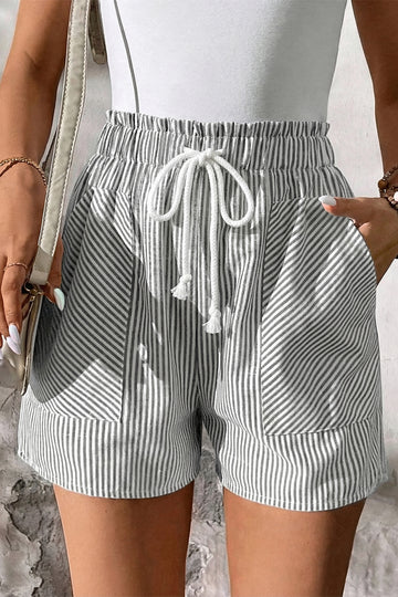 Grey Stripe Lace-Up Shorts with Pockets