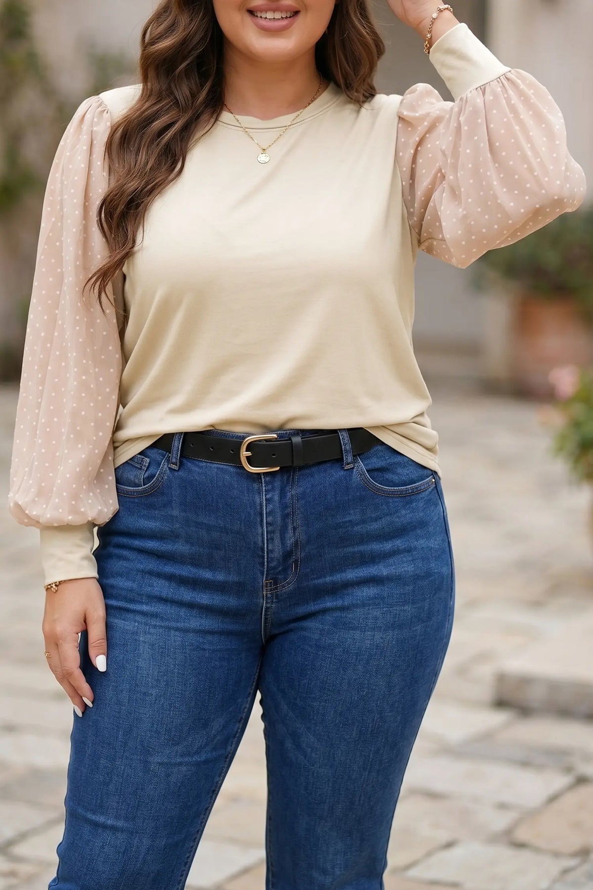 Polka Dot Long Sleeve Round Neck Plus Size Blouse – Parchment