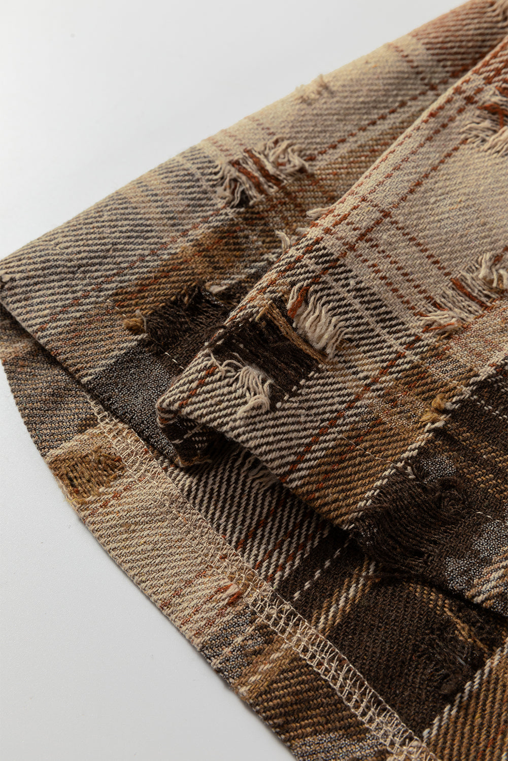 Boho Floral Plaid Patchwork Distressed Detail Ruffled Sleeve Waffle Shacket - eAura