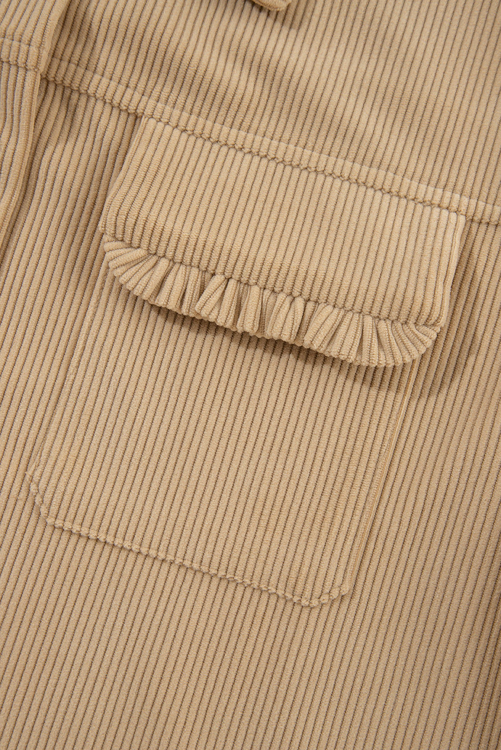 Light French Beige Solid Frilled Flap Pocket Button Up Corduroy Shacket Beagle Boutique Fashion Outlet