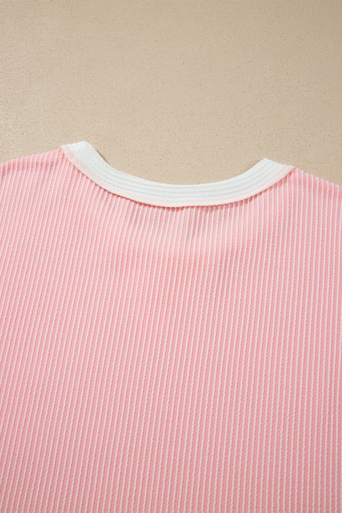 Ribbed Knit Colourblock Long Sleeve Round Neck Plus Size Blouse – Pink