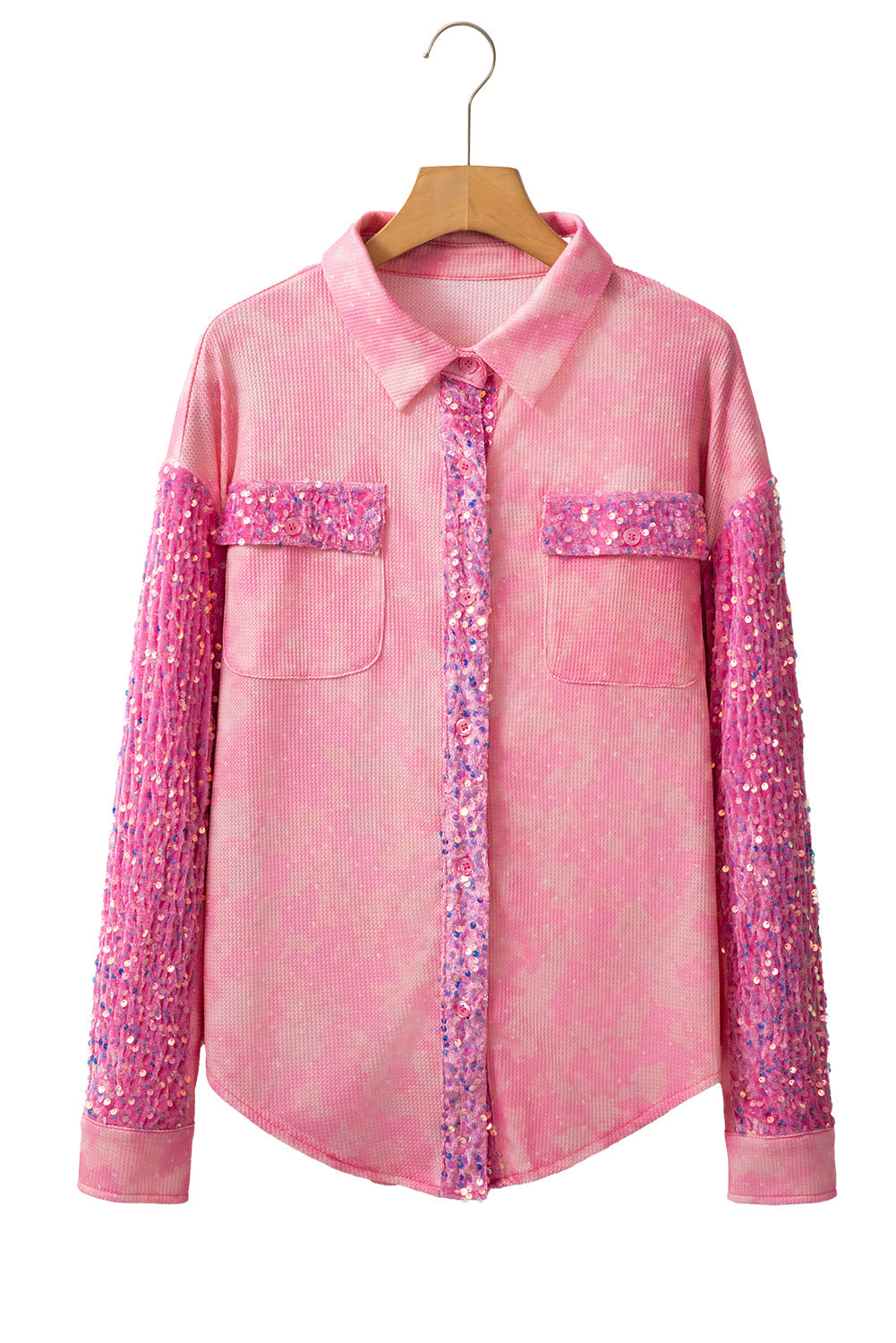 Apricot Pink Mineral Wash Sequin Patchwork Flap Pocket Shacket eAura