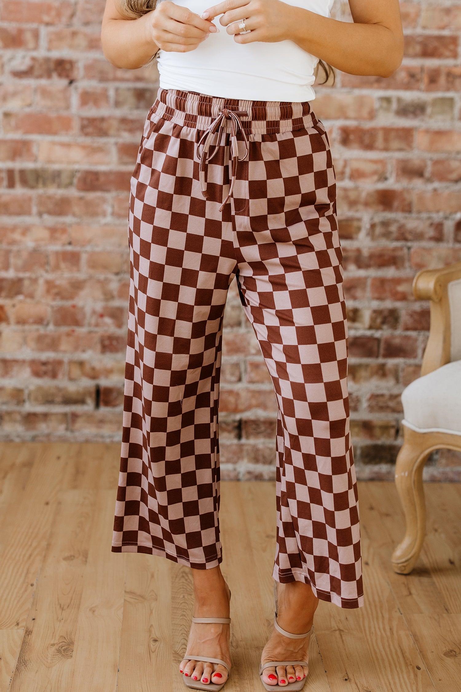 Checkered Elastic High Waist Loose Casual Trousers - eAura