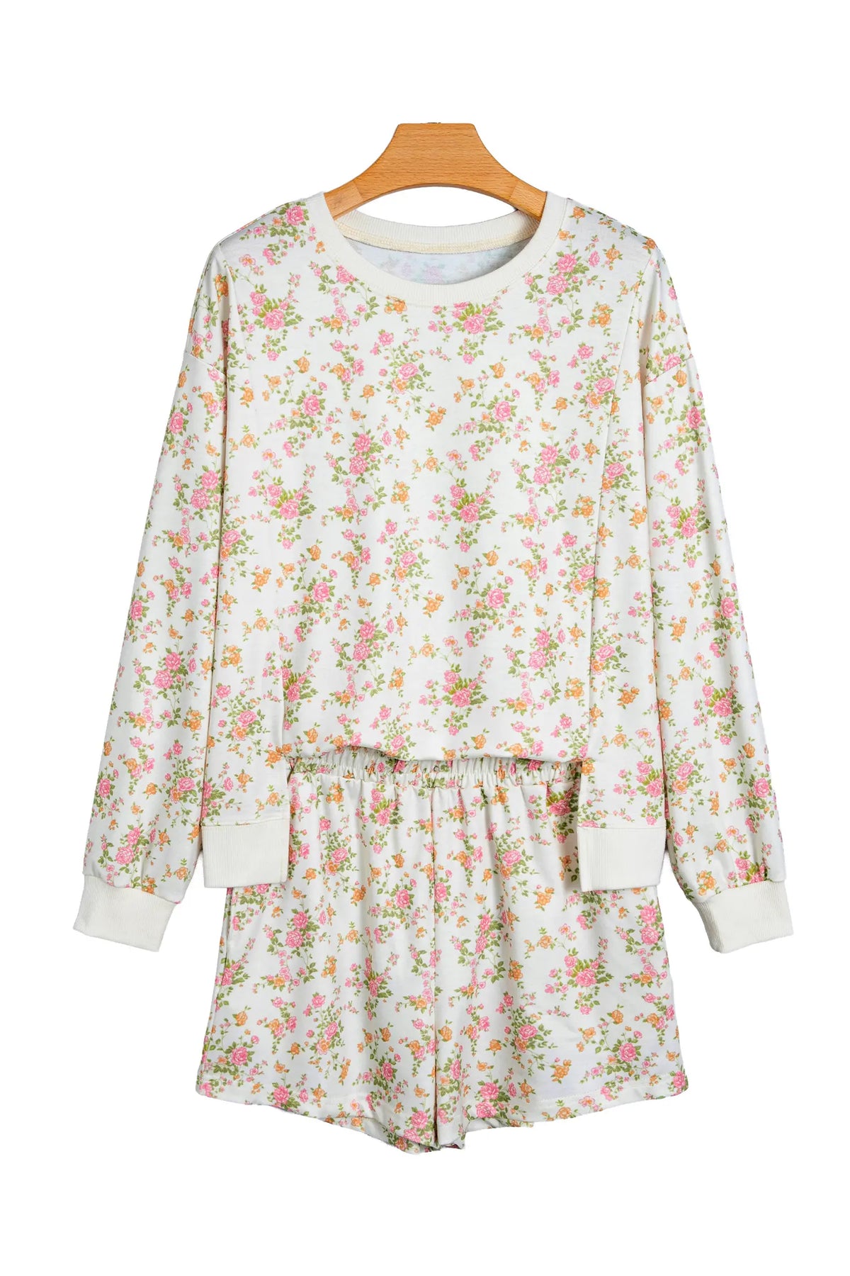 Floral Print Long Sleeve Shift Top Pocketed Shorts 2pcs Set – Beige