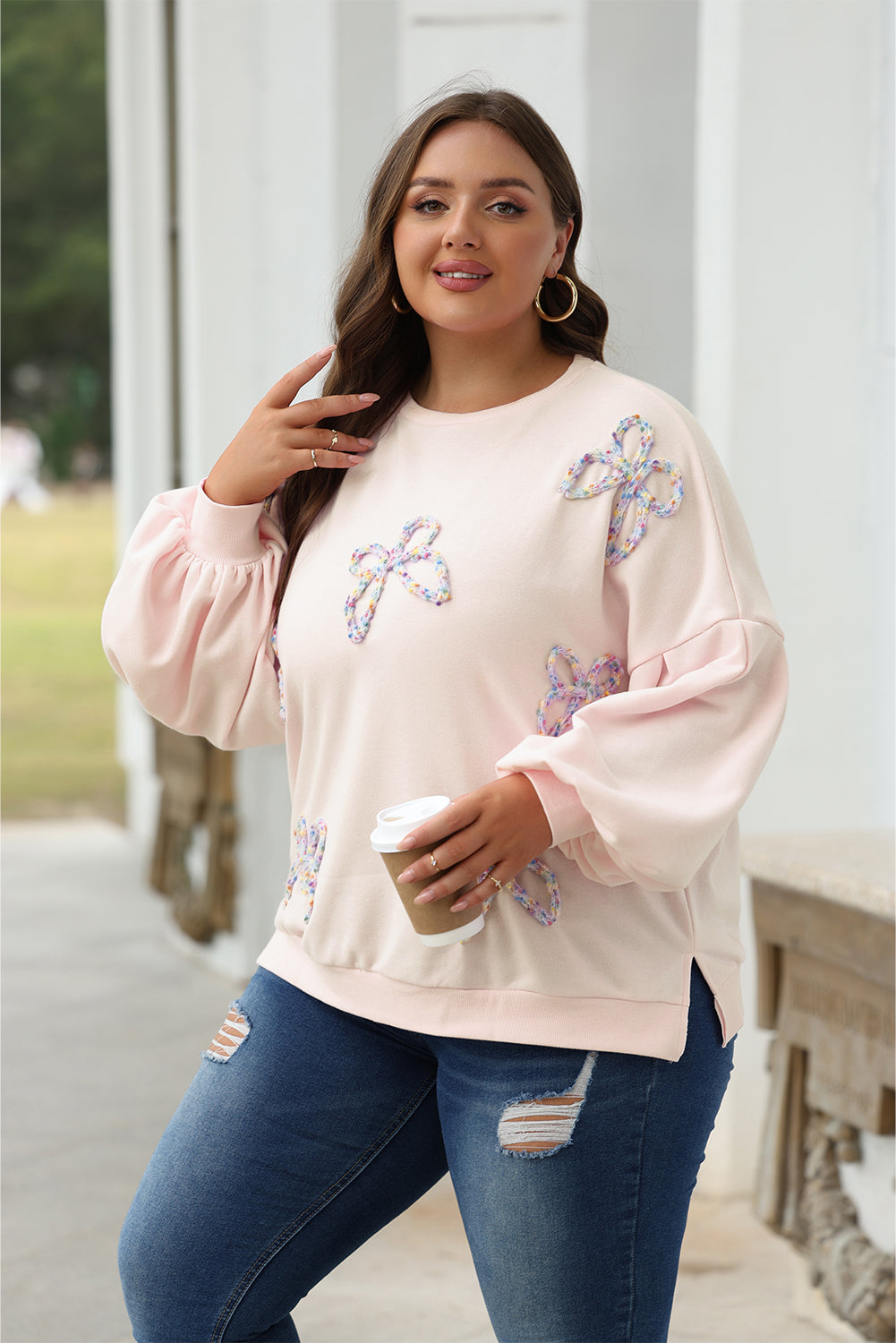 Parchment Embroidered Bow Lantern Sleeve Oversized Pullover Sweatshirt eAura