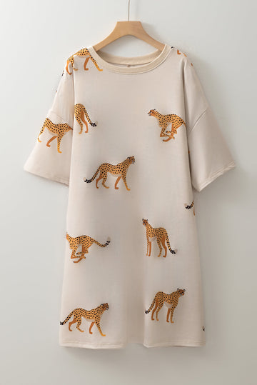 Beige Plus Size Cheetah Print Side Pockets T Shirt Mini Dress - Size/Plus Dresses/Plus Dresses