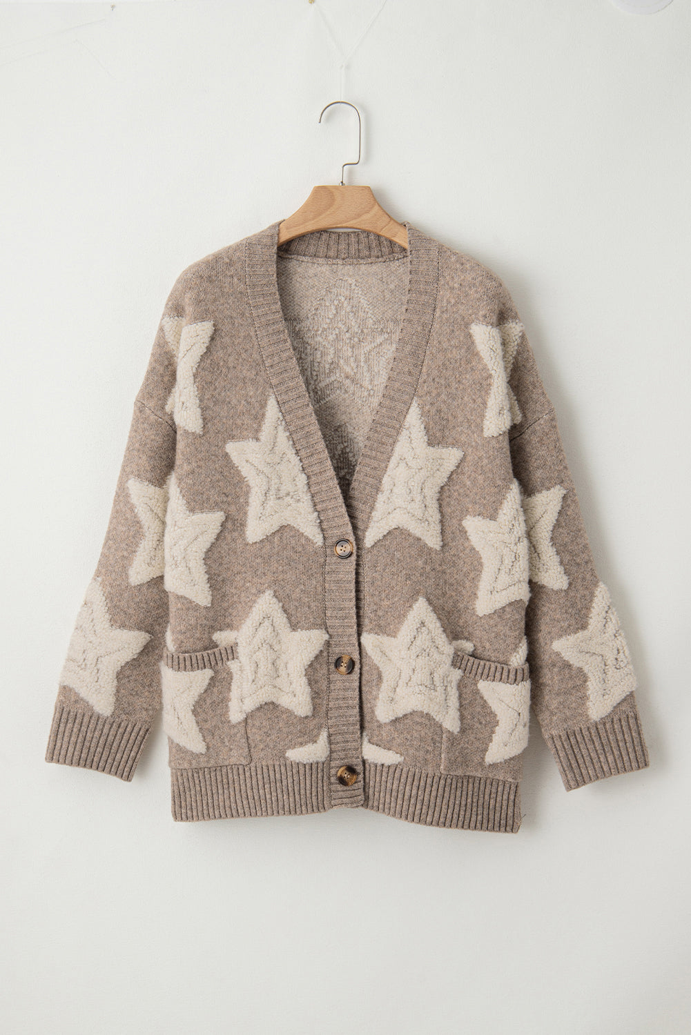 Sherpa Star Pattern Textured Sweater Cardigan with Pockets eAura