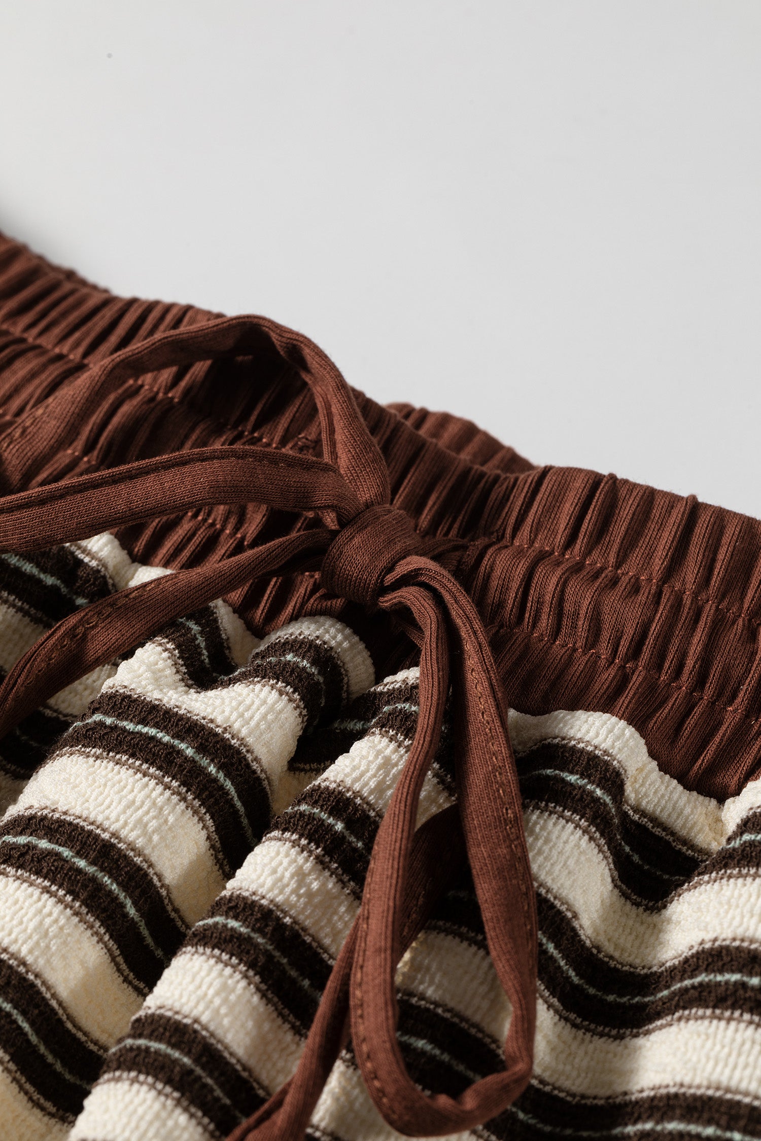 Contrast Trim Button Neck Long Sleeve Top Drawstring Mini Skirt Set – Brown Stripe