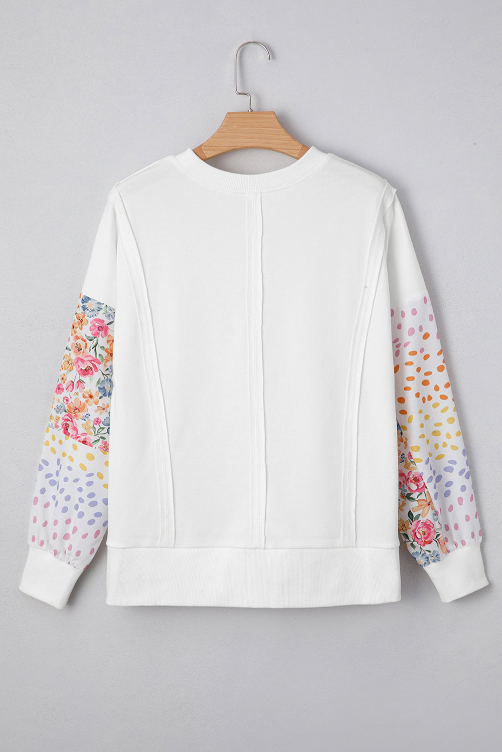 Plus Size Exposed Seam Detail Contrast Dot Floral Patchwork Sleeve Sweatshirt