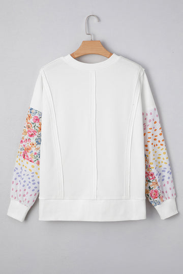 Plus Size Exposed Seam Detail Contrast Dot Floral Patchwork Sleeve Sweatshirt
