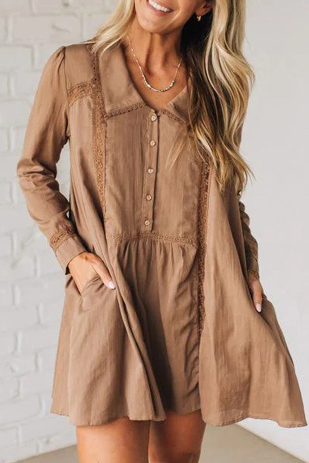 Lace Trim Peter Pan Collar Long Sleeve Mini Shirt Dress - eAura