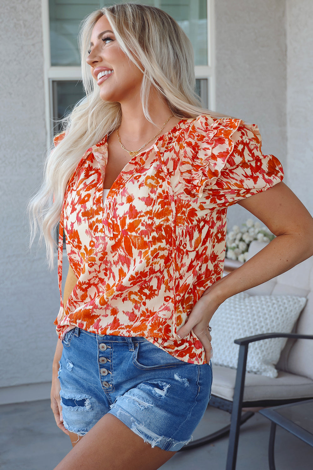 Orange Floral Print Ruffled Short Puff Sleeve Split Neck Blouse BB Fashion Outlet