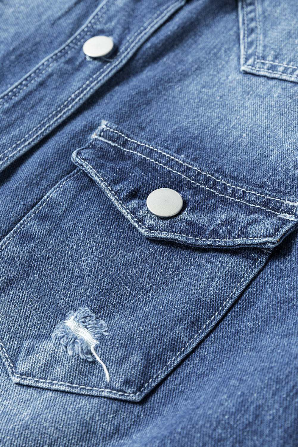 Sky Blue Light Wash Distressed Frayed Long Denim Jacket Beagle Boutique Fashion Outlet