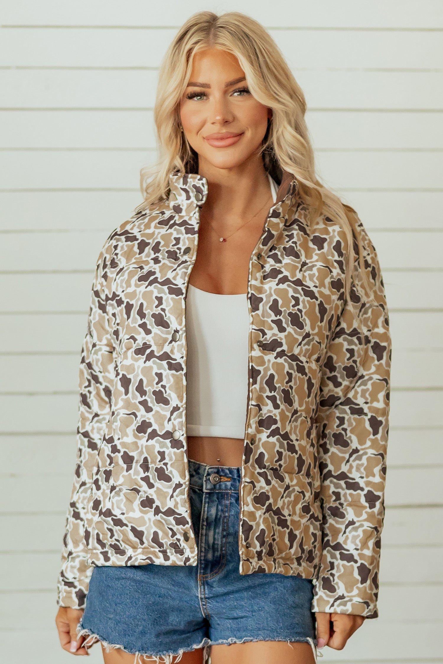 Camouflage Quilted Metal Button Collar Long Sleeve Puffer Coat – Multicolour