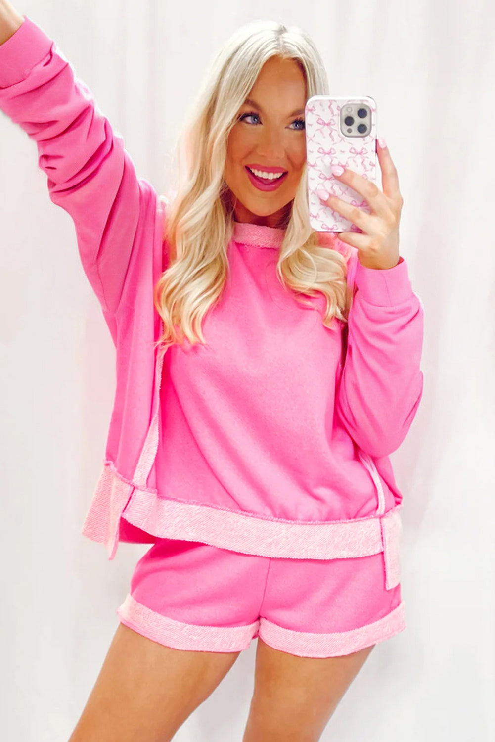 Sachet Pink High Low Patchwork Long Sleeve Top and Shorts Set eAura