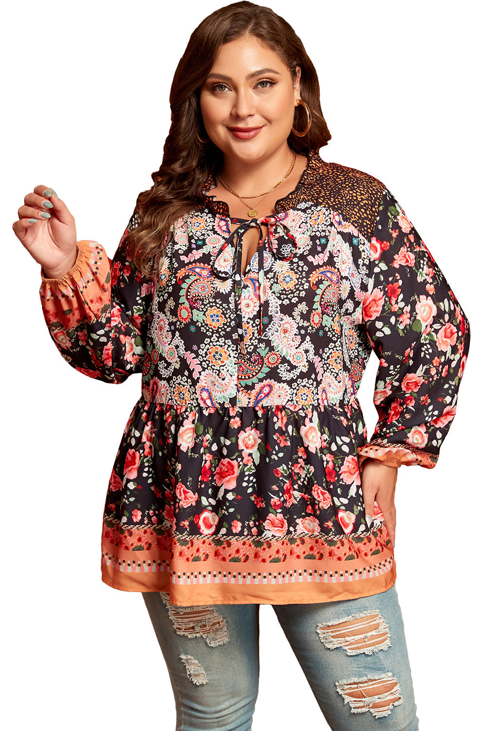 Black Plus Size Paisley Floral Print V Neck Bubble Sleeve Blouse Beagle Boutique Fashion Outlet