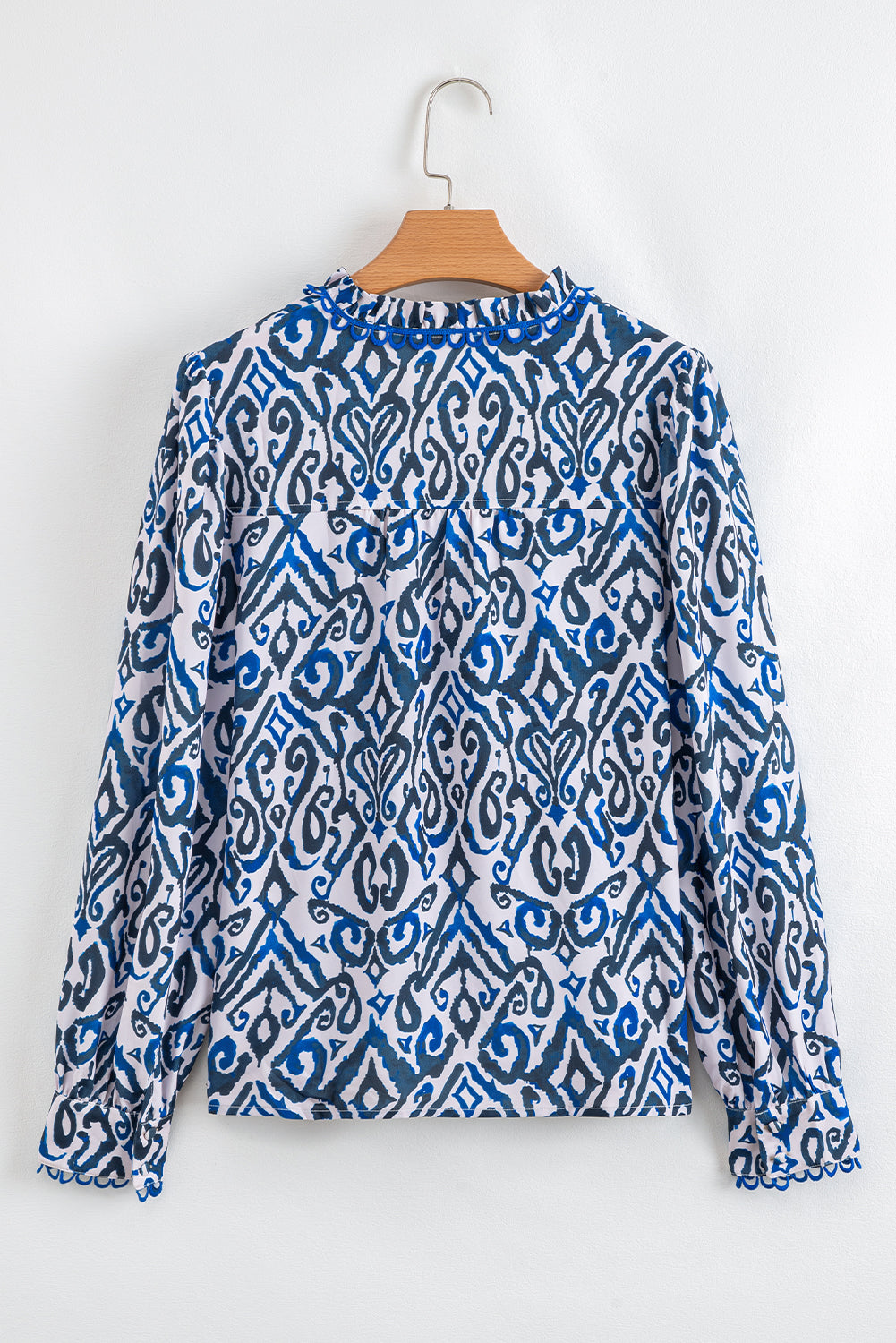 Blue Bohemian Print Embroidered V-Neck Long Sleeve Blouse - eAura