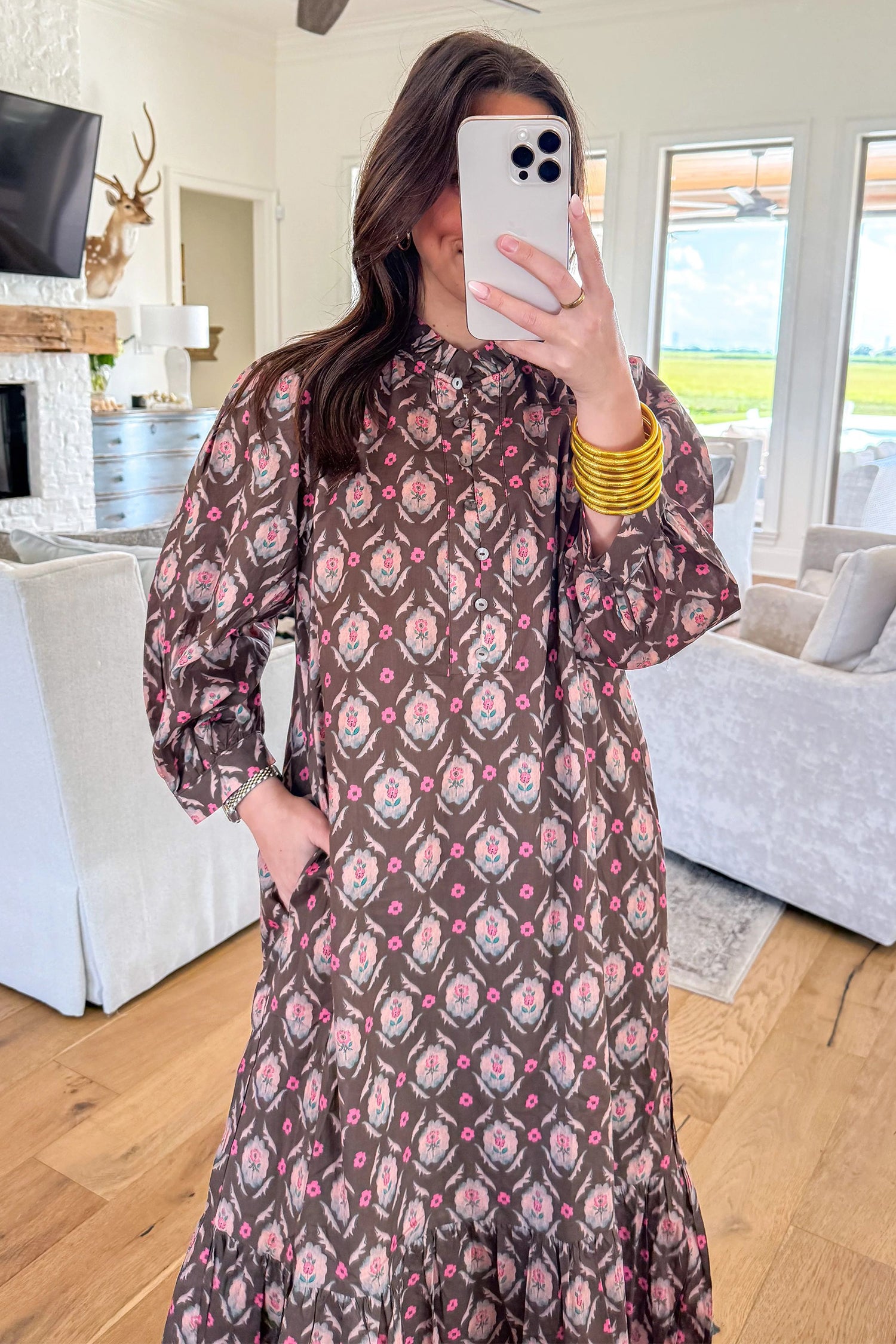 Floral Print Button Front Ruffle Hem Midi Dress – Brown