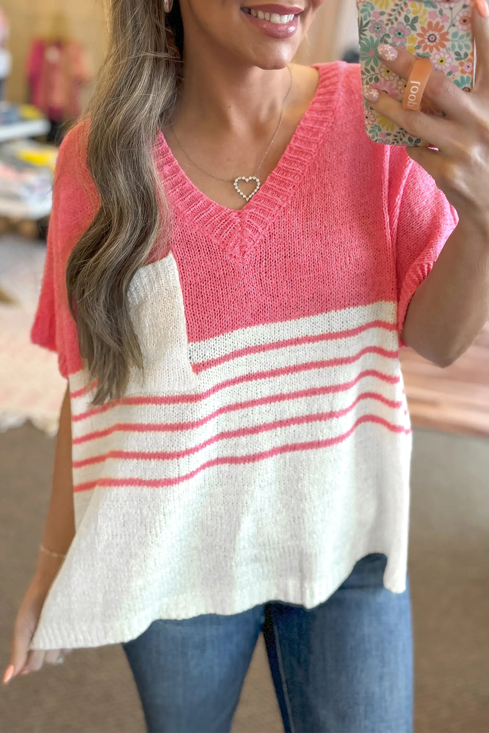 Strawberry Pink Contrast Stripes V Neck Knitted Short Sleeve Top eAura