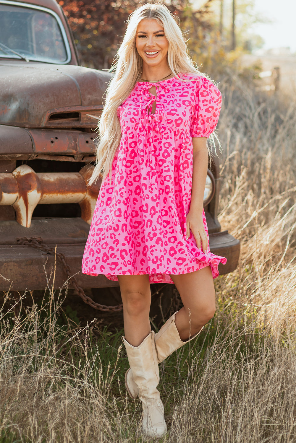 Rose Leopard Puff Sleeve Tie Front High Waist Mini Dress eAura