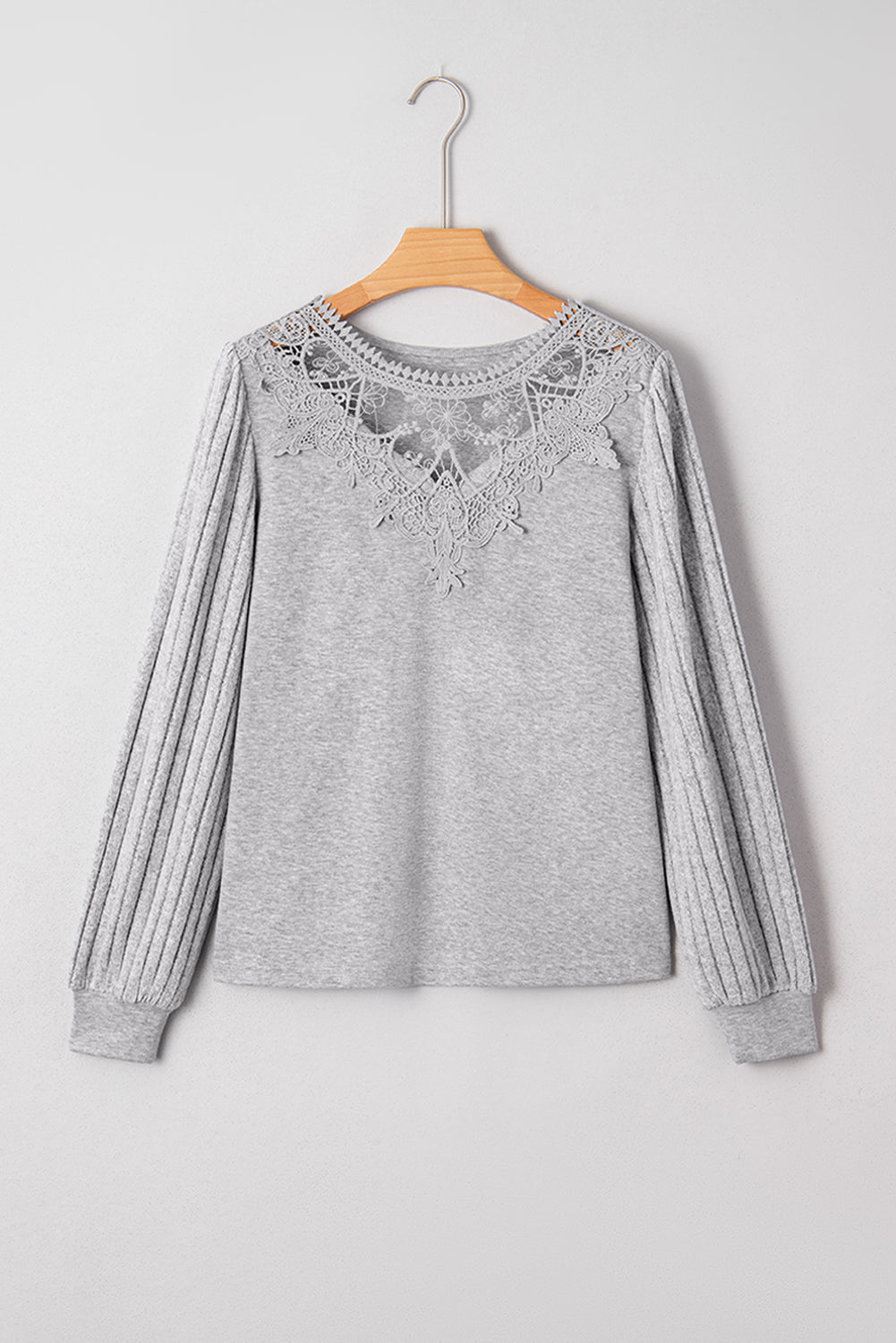 Hollowed Lace Ribbed Knit Long Sleeve Patchwork Top - eAura