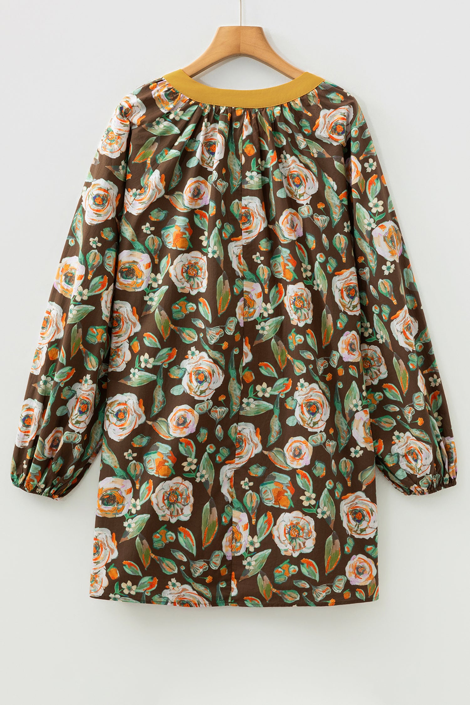 Brown Floral Print Contrast Trim V-Neck Pocketed Long Sleeve Mini Dress