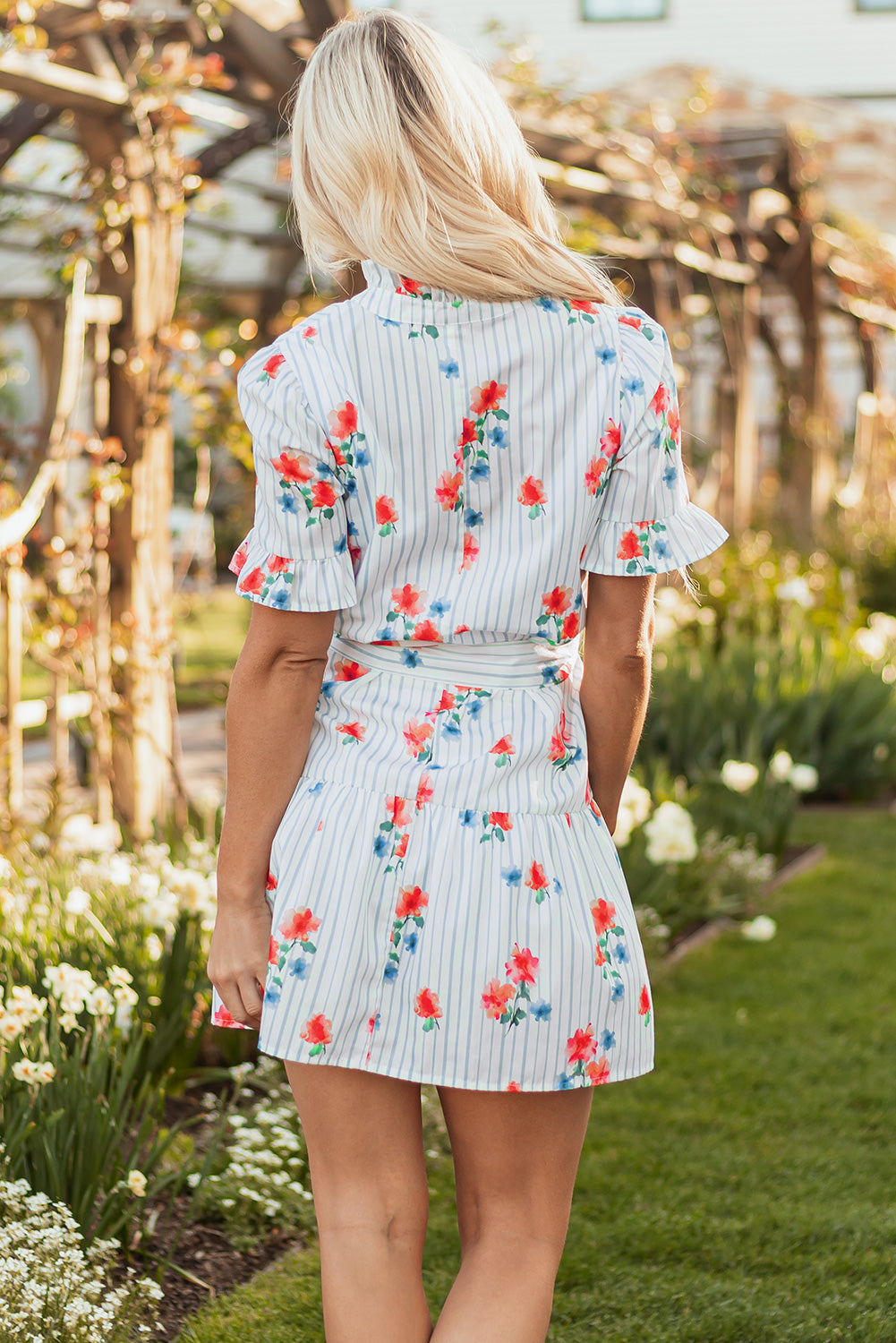 Sky Blue Stripe Floral Pattern Ruffle Short Sleeve Belted Mini Dress eAura