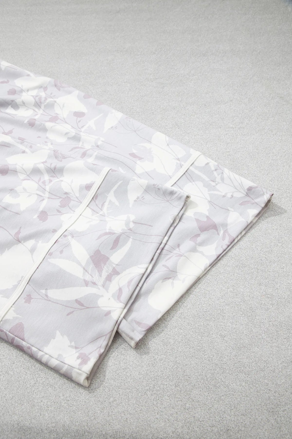 Floral Print Wide Leg Ankle-Length Elastic Waistband Pants – Grey
