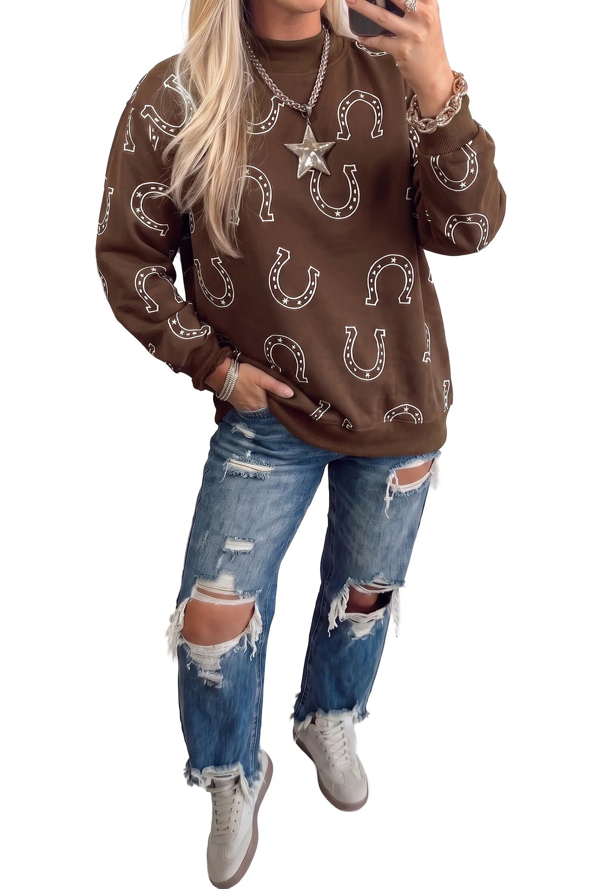Mock neck pullover sweatshirt with western horseshoe print