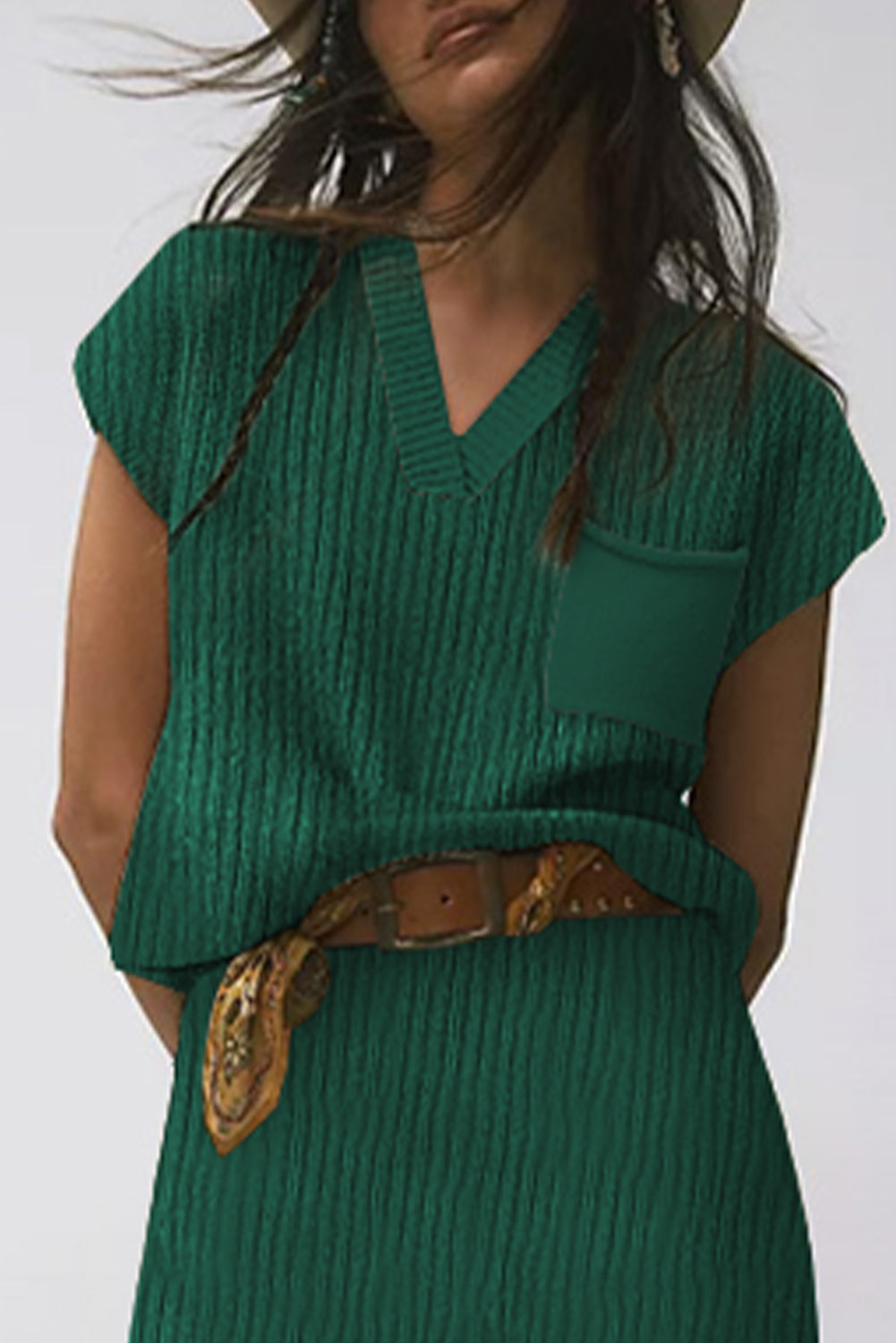 Blackish Green Chest Pocket V Neck Ribbed Cap Sleeve Sweater eAura
