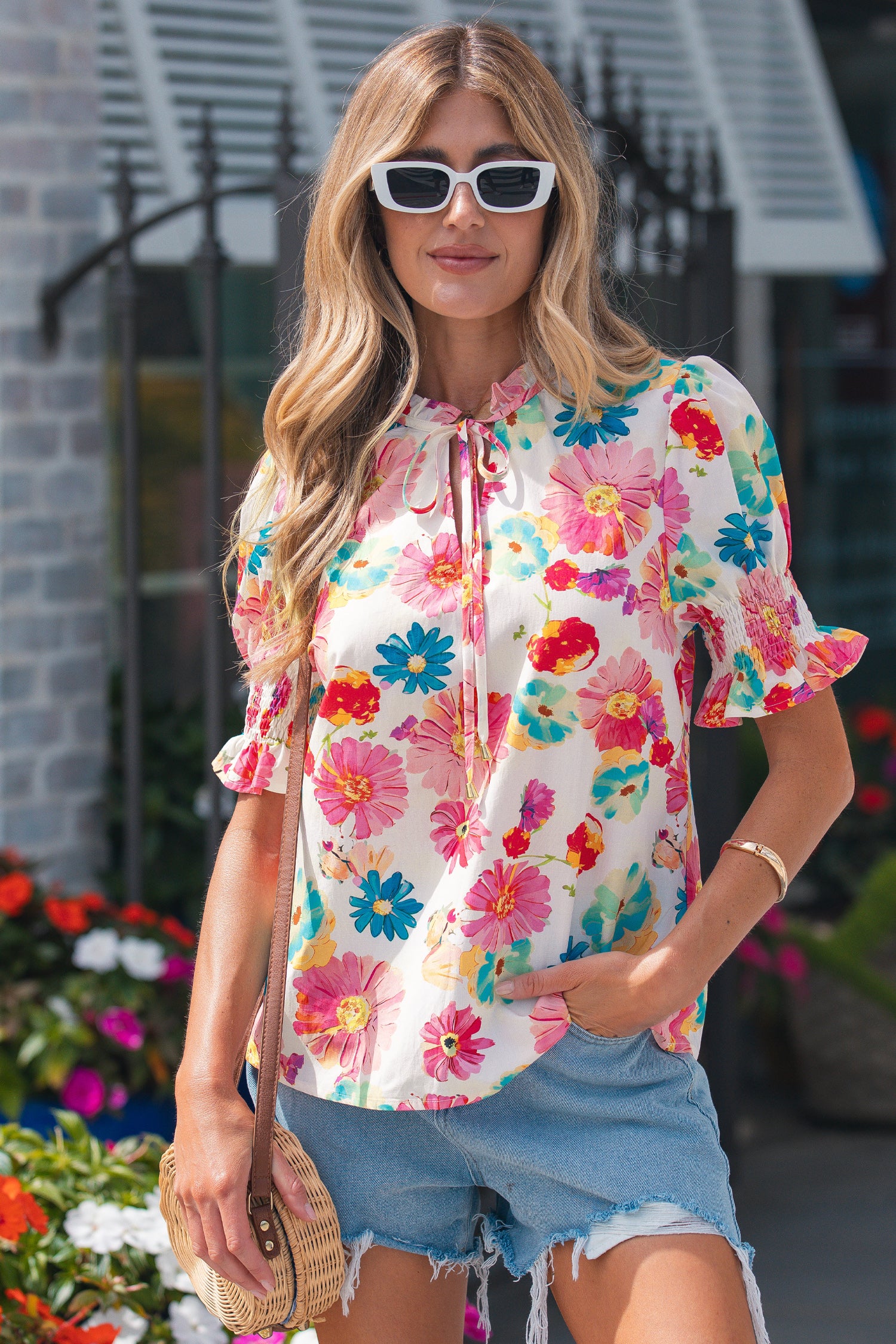 Vibrant Summer Floral Tie V-Neck Short Puff Sleeve Blouse