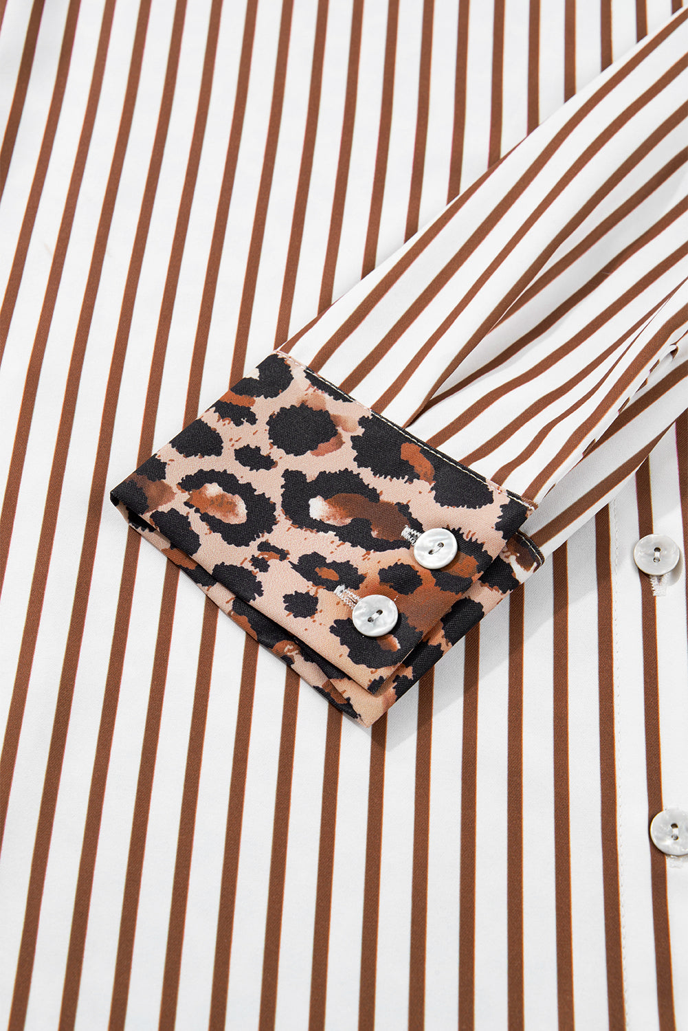 Stripe Contrast Leopard Patchwork Long Shirt Dress with Slits - eAura