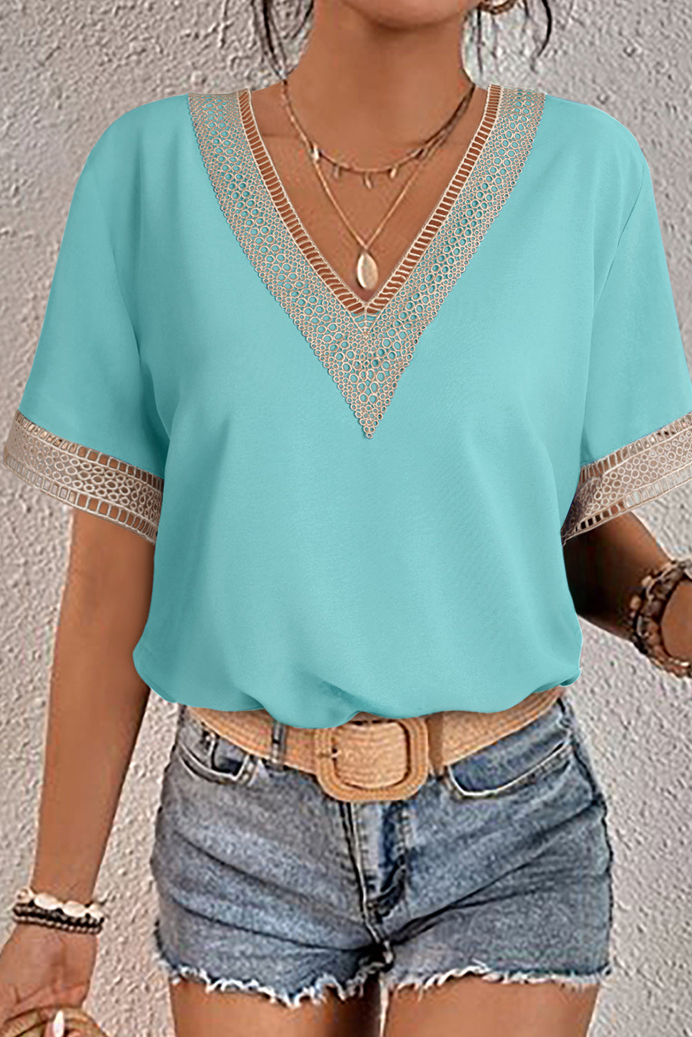 Lace Trim V-Neck Short Sleeve Blouse