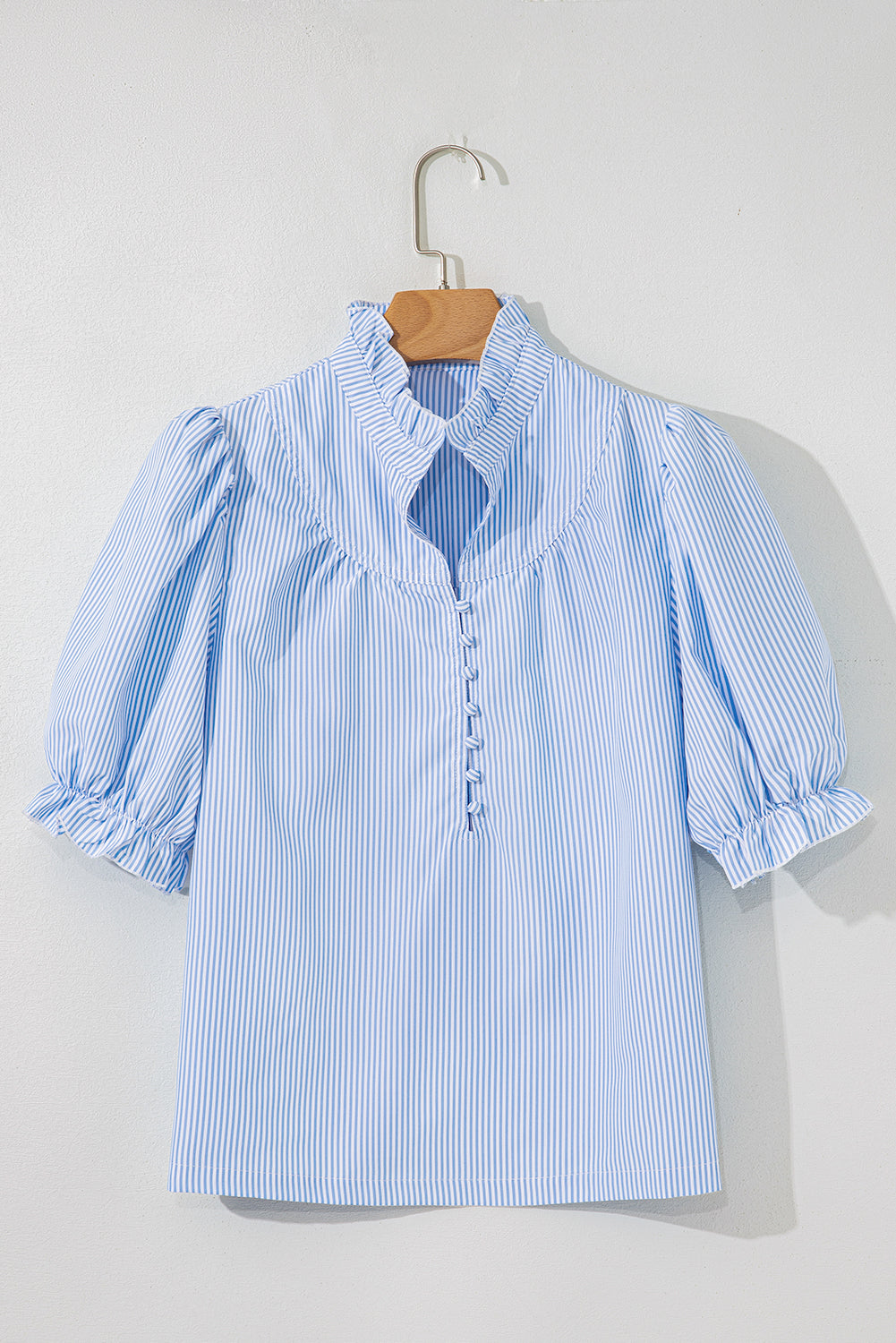 Blue Stripe Ruffled Collar Puff Sleeve Half Buttons Blouse eAura