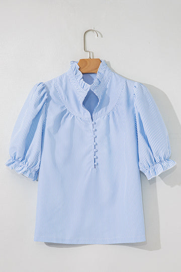 Blue Stripe Ruffled Collar Puff Sleeve Half Buttons Blouse - Tops/Blouses & Shirts