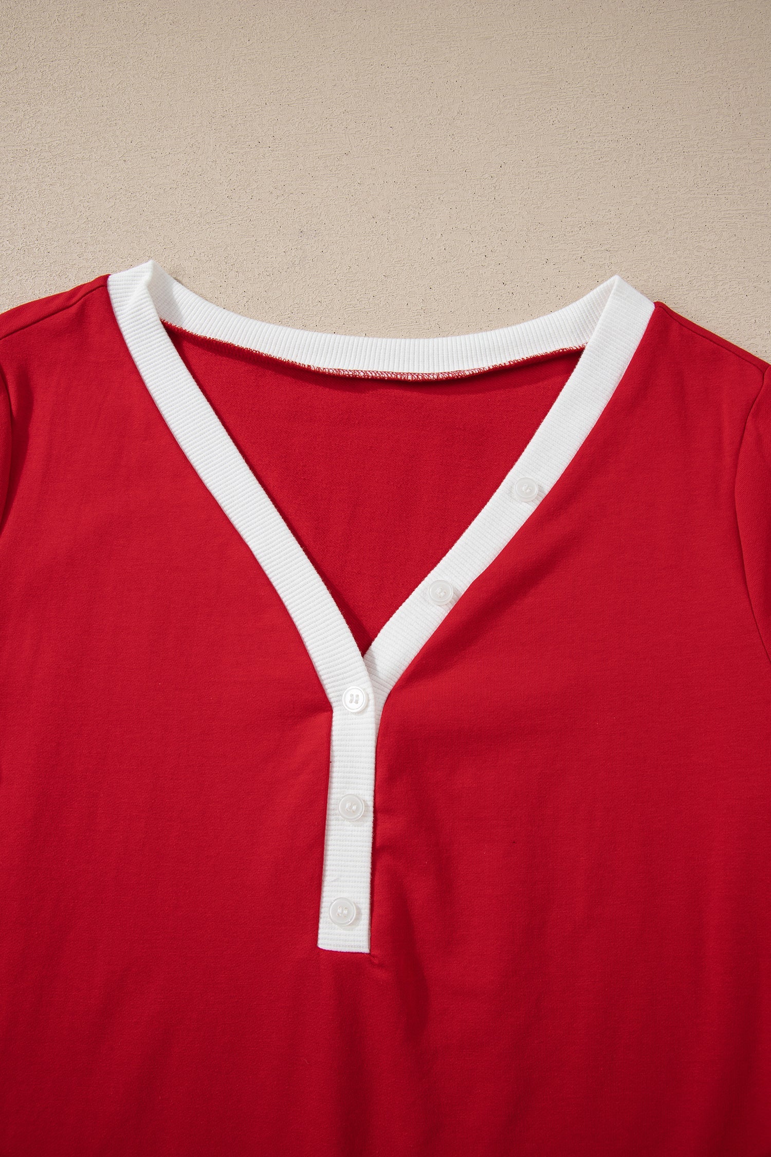 Fiery Red Contrast Trim Button V Neck Ribbon Bow Knot Waist 2pcs Lounge Pant Set - eAura