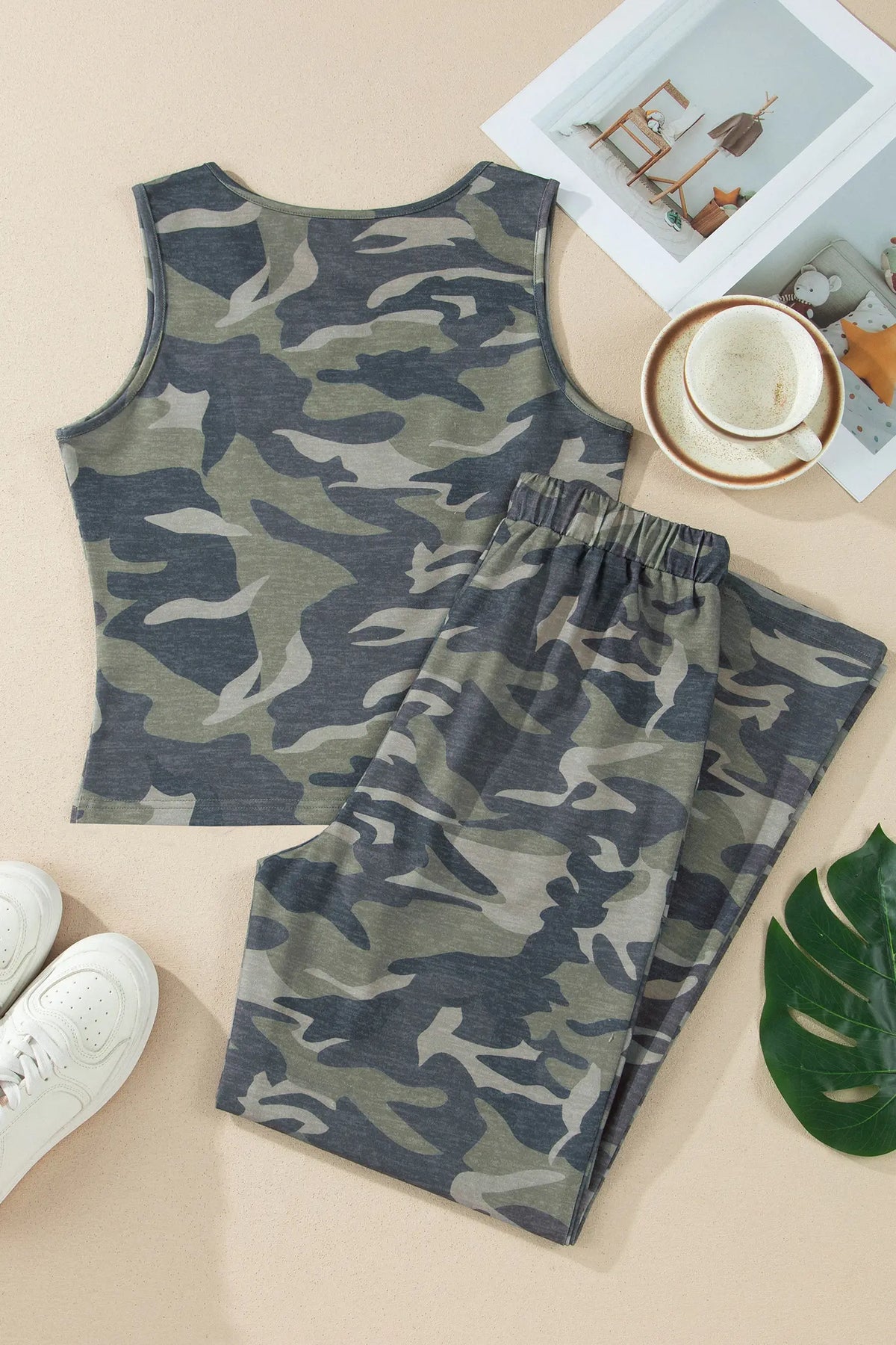 Camouflage Print Slim Tank Drawstring Pant Set – Green