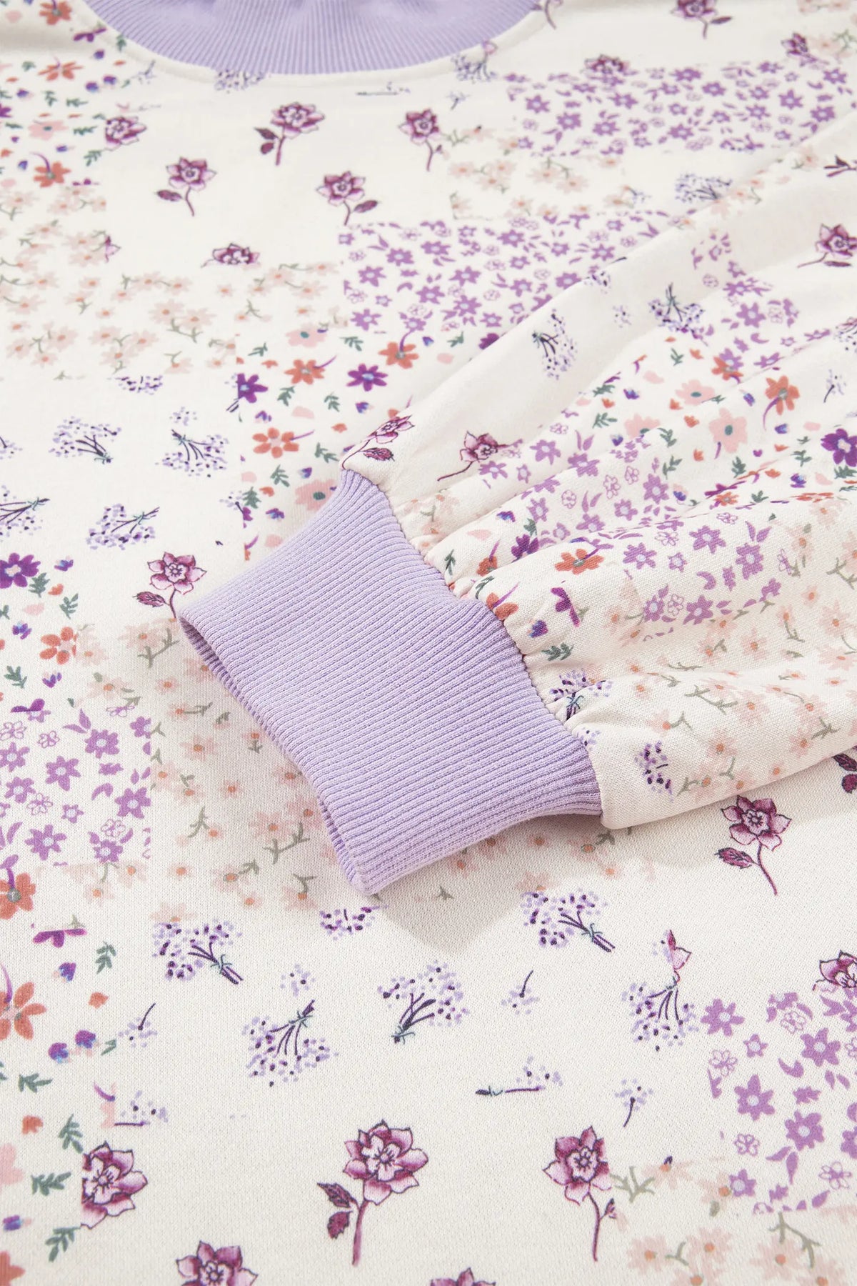Floral Print High Neck Colourblock Sleeve Paneling Sweatshirt – Purple