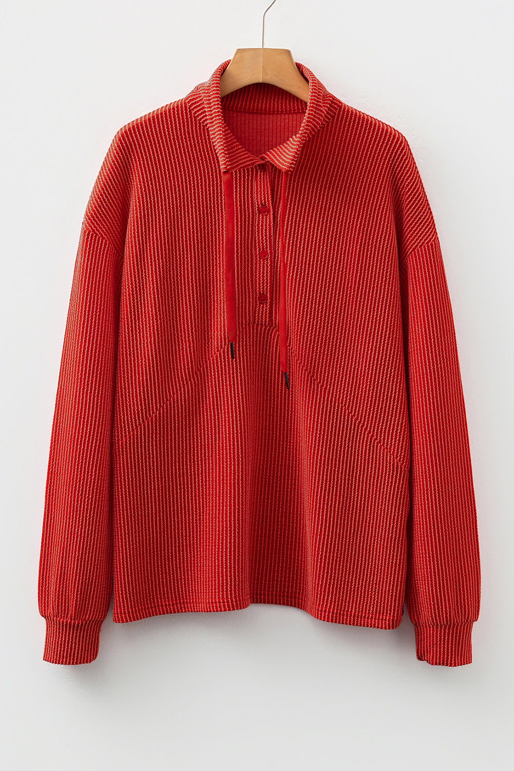 Racing Red Twist Ribbed Half Button Collared Drawstring Pullover Top eAura