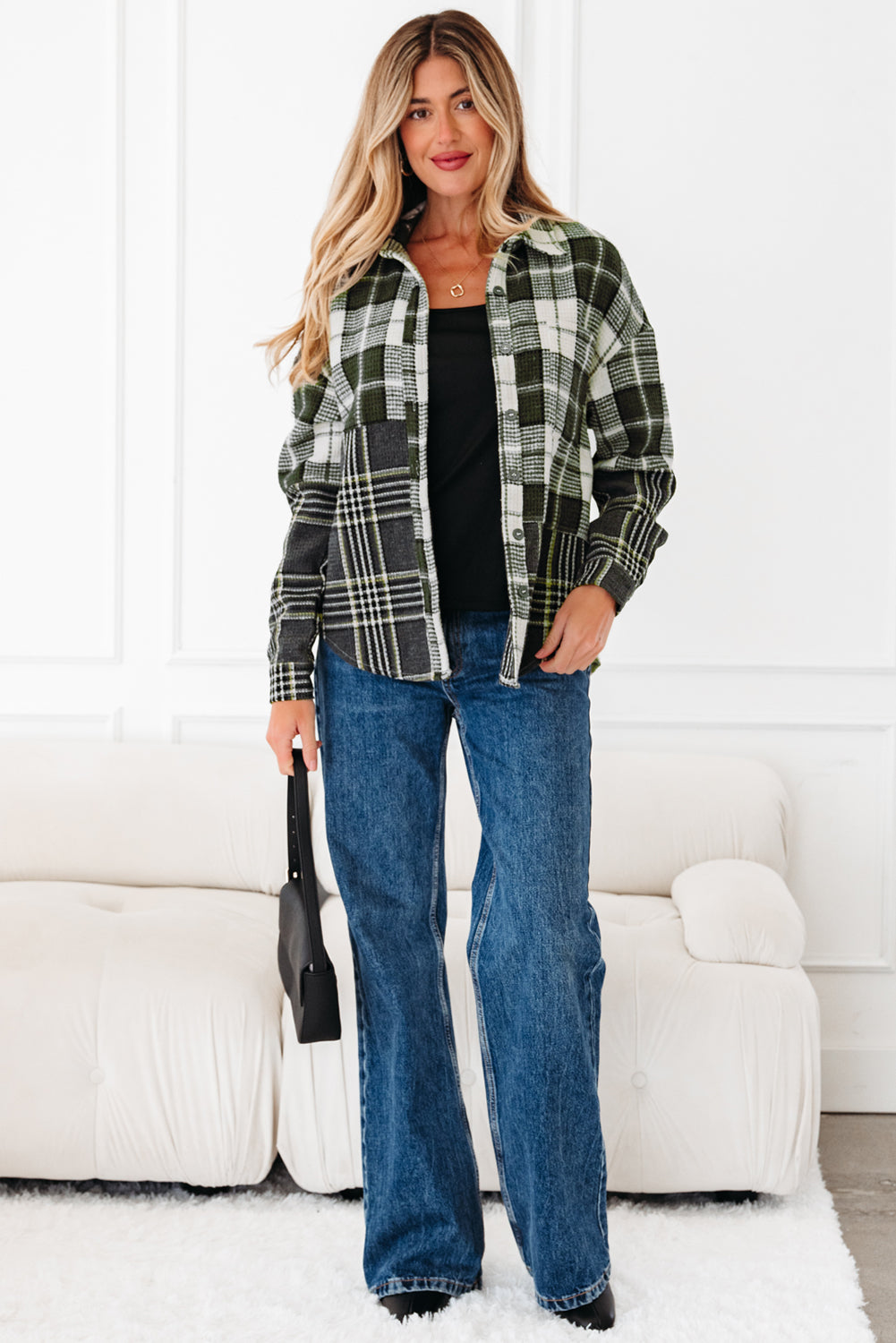 Plaid Print Textured Buttoned Shacket - eAura