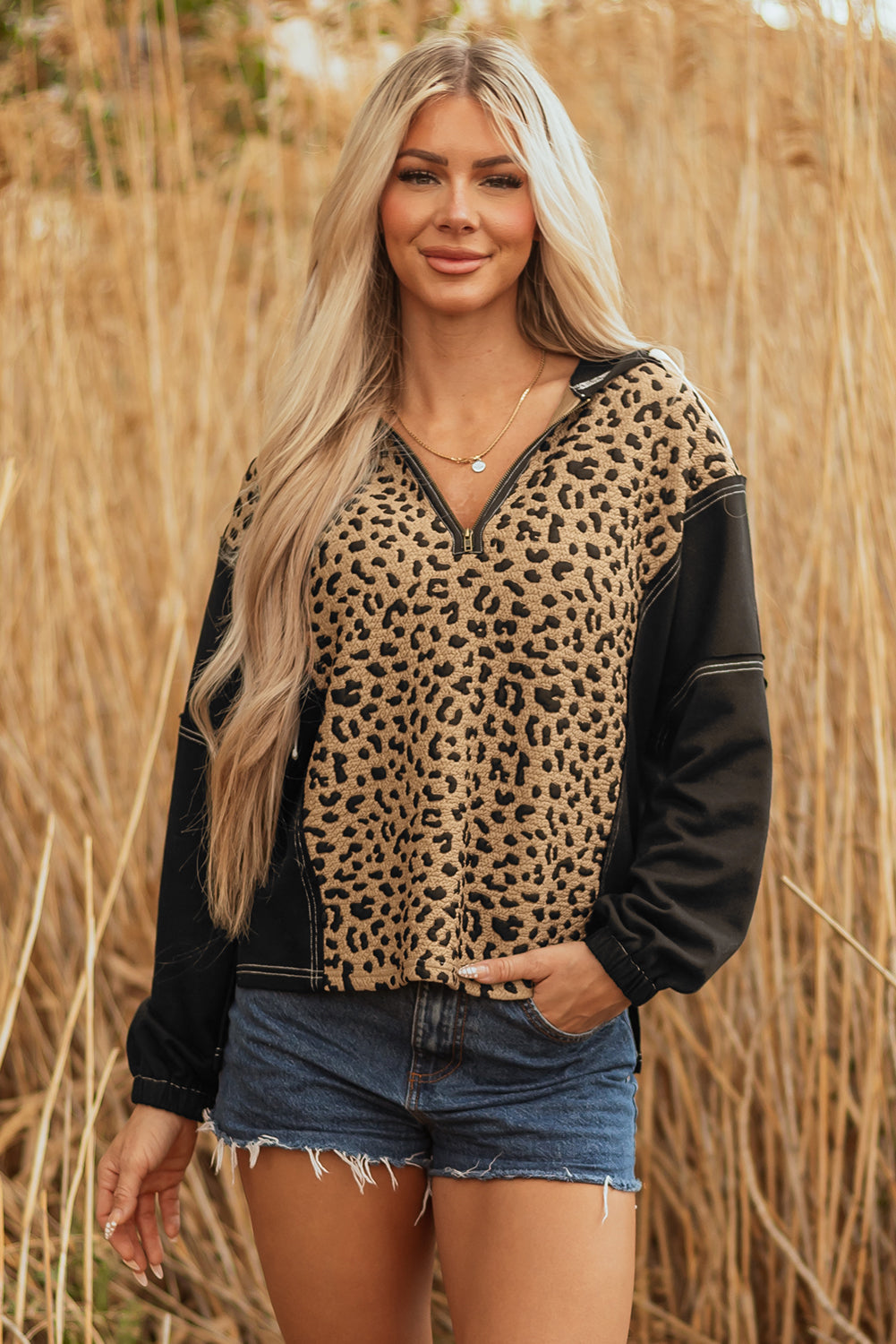 Leopard Patchwork Contrast Stitching Knotted Cuff Quarter Zip Hoodie - eAura