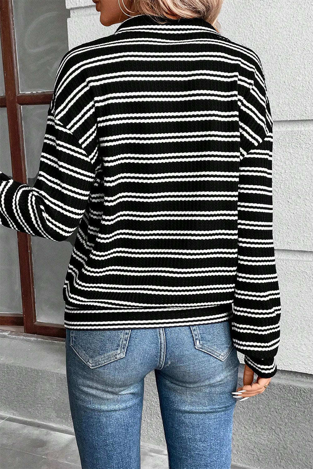 Black Stripe Textured Quarter Zip Collar Long Sleeve Top Beagle Boutique Fashion Outlet