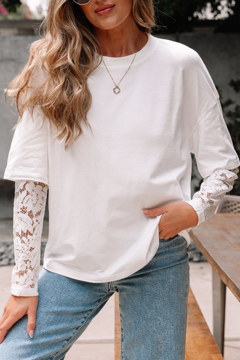 White Lace Long Sleeve Insert Drop Shoulder Tee eAura