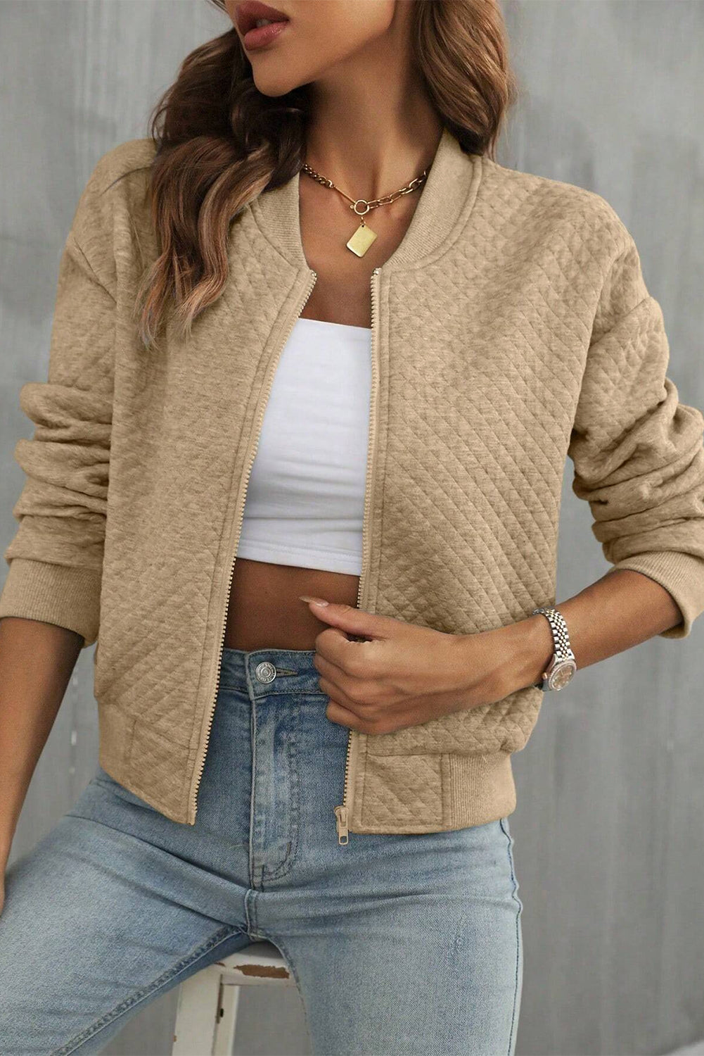 Pale Khaki Solid Geometric Textured Baseball Collar Jacket BB Fashion Outlet
