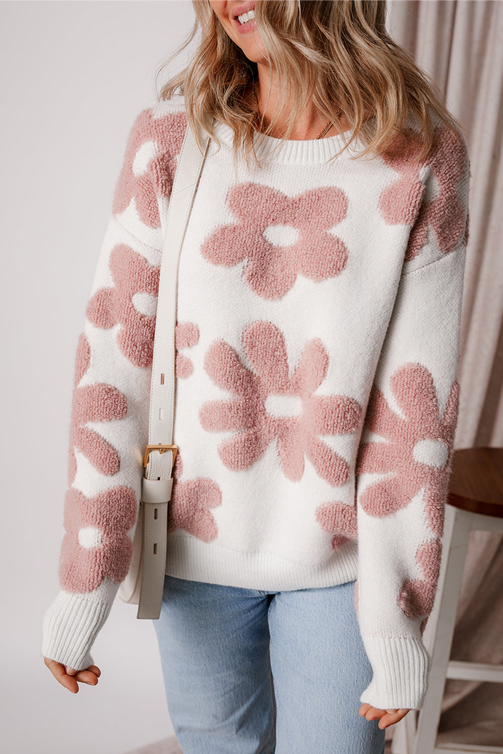 White Textured Flower Drop Shoulder Loose Sweater eAura