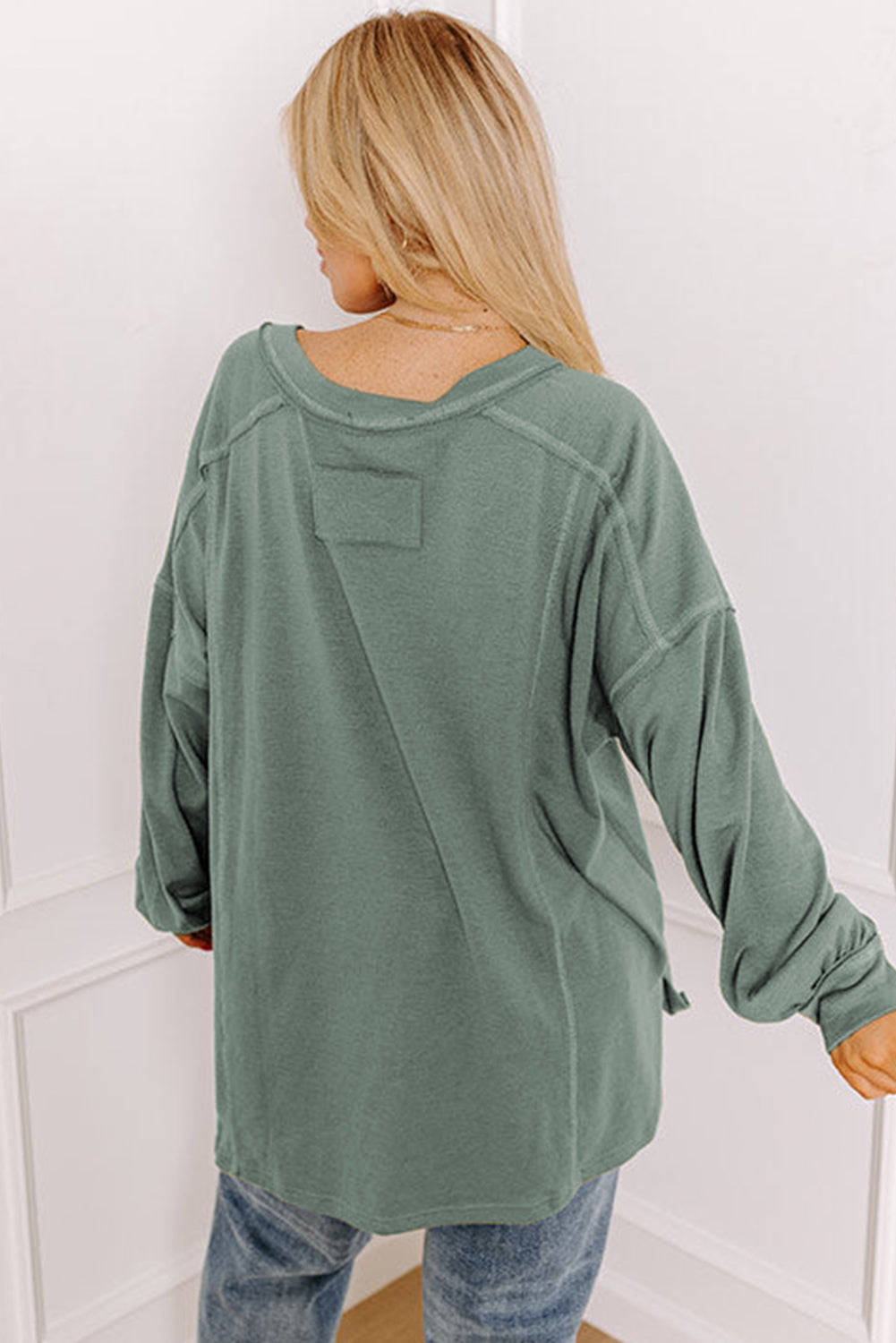 Seagrass Plus Size Exposed Seam Drop Shoulder Henley Top BB Fashion Outlet